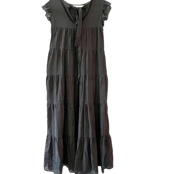 La Ven Women's Tiered Maxi Dress Size Medium Black Flutter Sleeves Boho Tie Neck - Picture 2 of 9